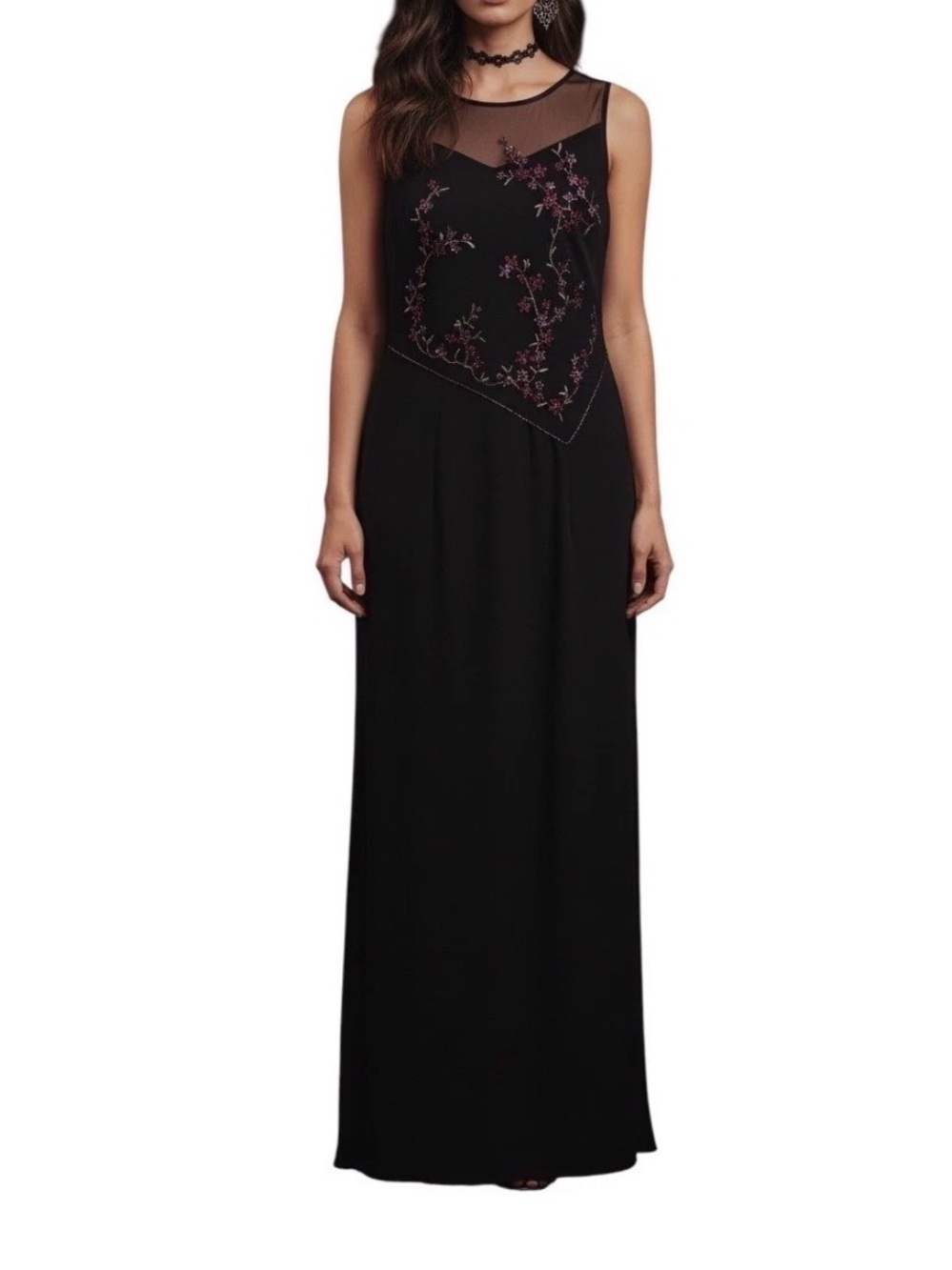 ABS By Allen Schwartz Black Maxi Dress Size 6 Floral Sheer Mesh Fairycore Gothic